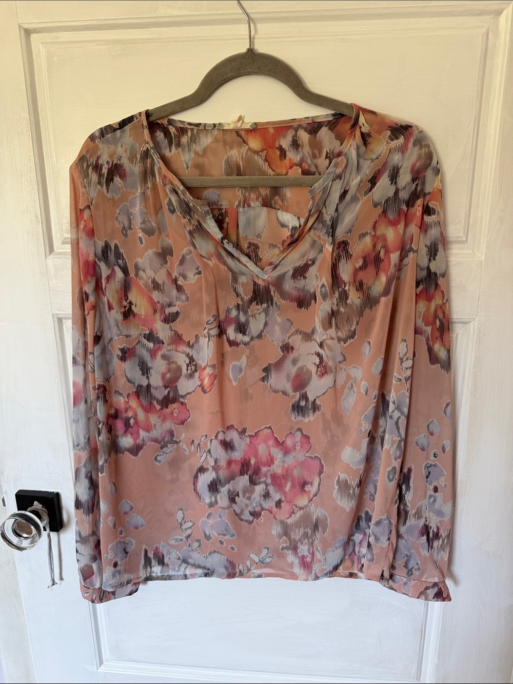 Pleione Peach Floral V-Neck Blouse with Watercolor Print